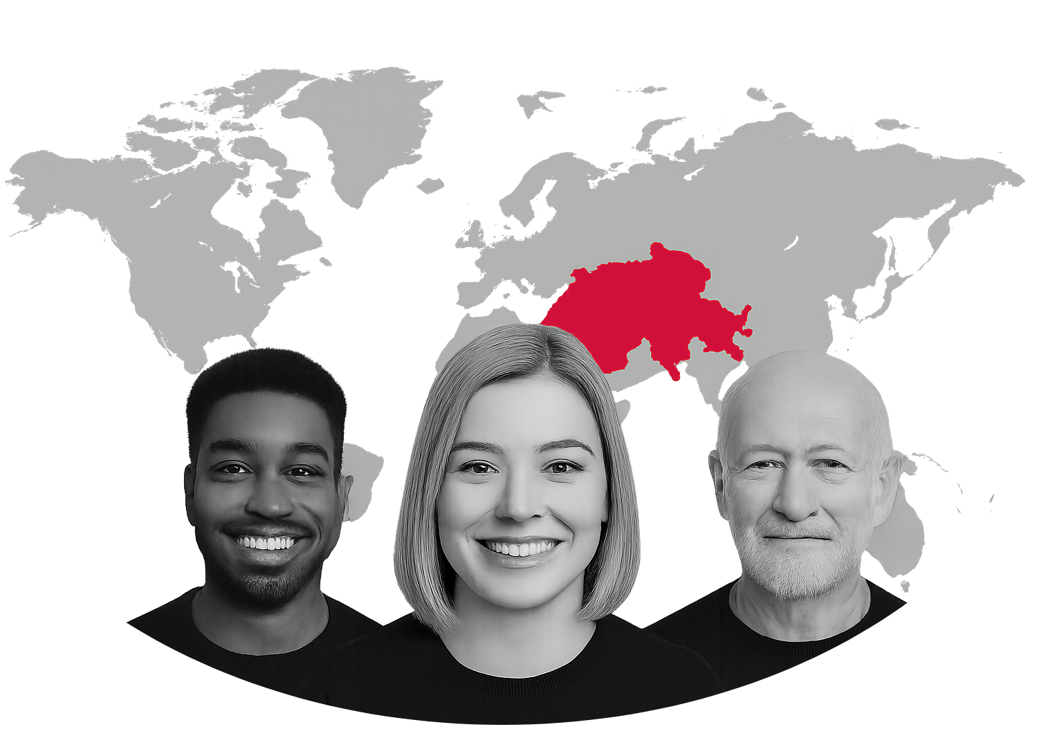 Trois consultants devant une carte du monde où la Suisse est mise en évidence